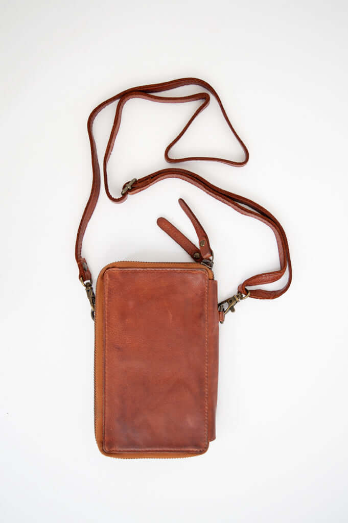 Back view of brown leather crossbody wallet with an adjustable strap