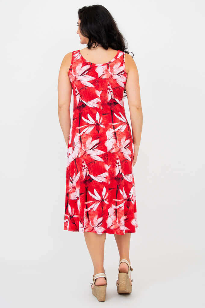 Back view of woman wearing a red floral tank dress