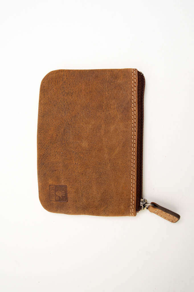 Back view of a brown leather zip wallet with embossed logo and stitched zipper