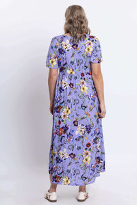 Back view of woman wearing the Jane violet floral empire waist maxi dress