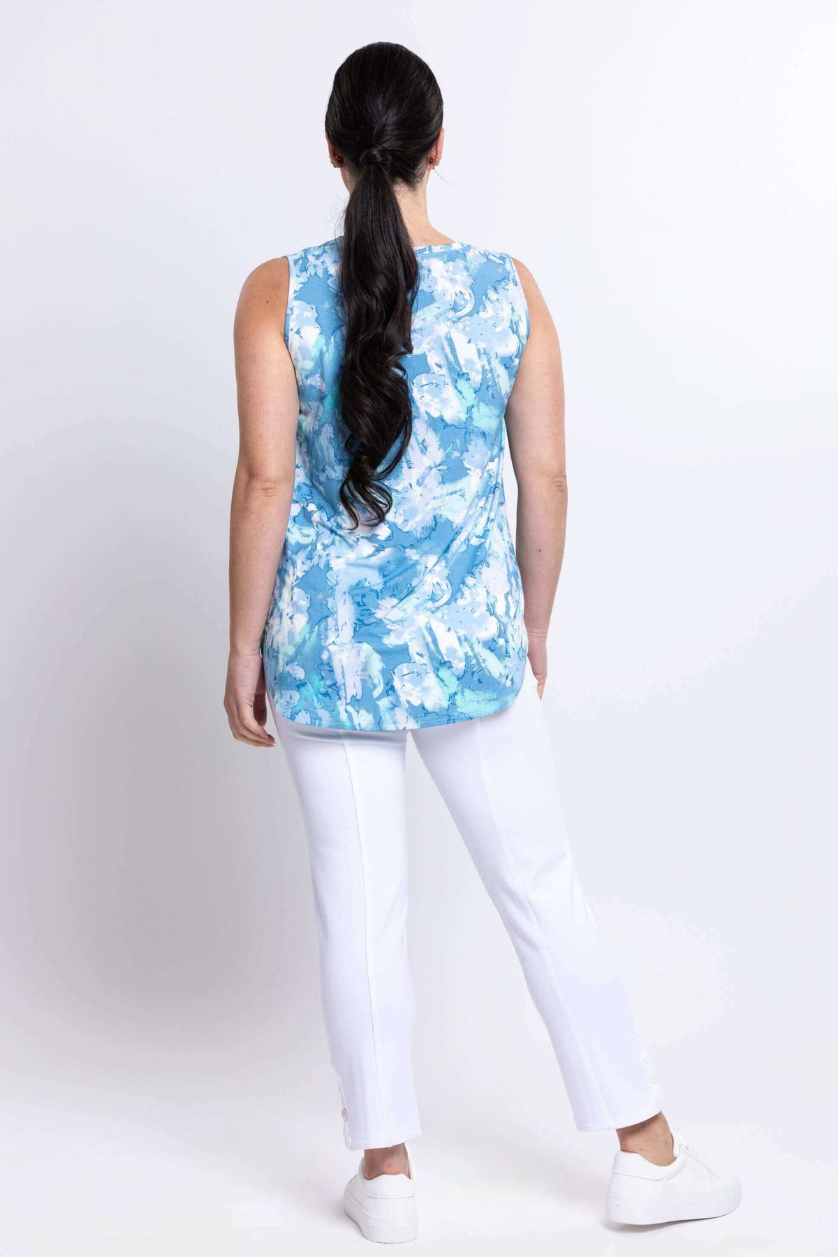 Back view of woman wearing blue watercolour bamboo tank top