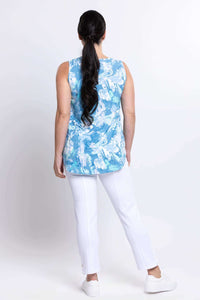 Back view of woman wearing blue watercolour bamboo tank top