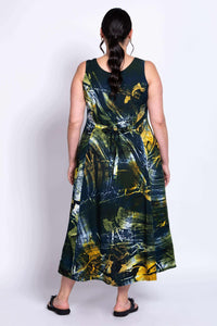 Back view of Sara summer dress revealing adjustable waist tie and abstract print detail