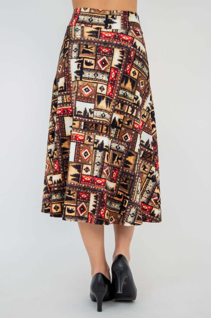 Back view of the Gillian midi skirt displaying A-line fabric and patchwork print