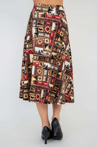 Back view of the Gillian midi skirt displaying A-line fabric and patchwork print