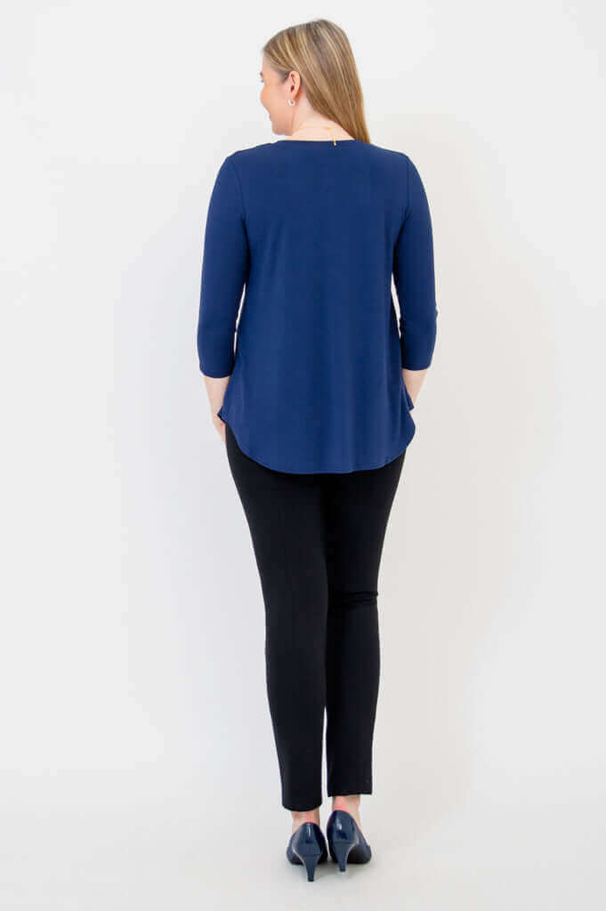 Back view of Jackie V-neck bamboo top showing hemline and fit