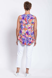Back view of woman wearing Jackie floral sleeveless V-neck bamboo top