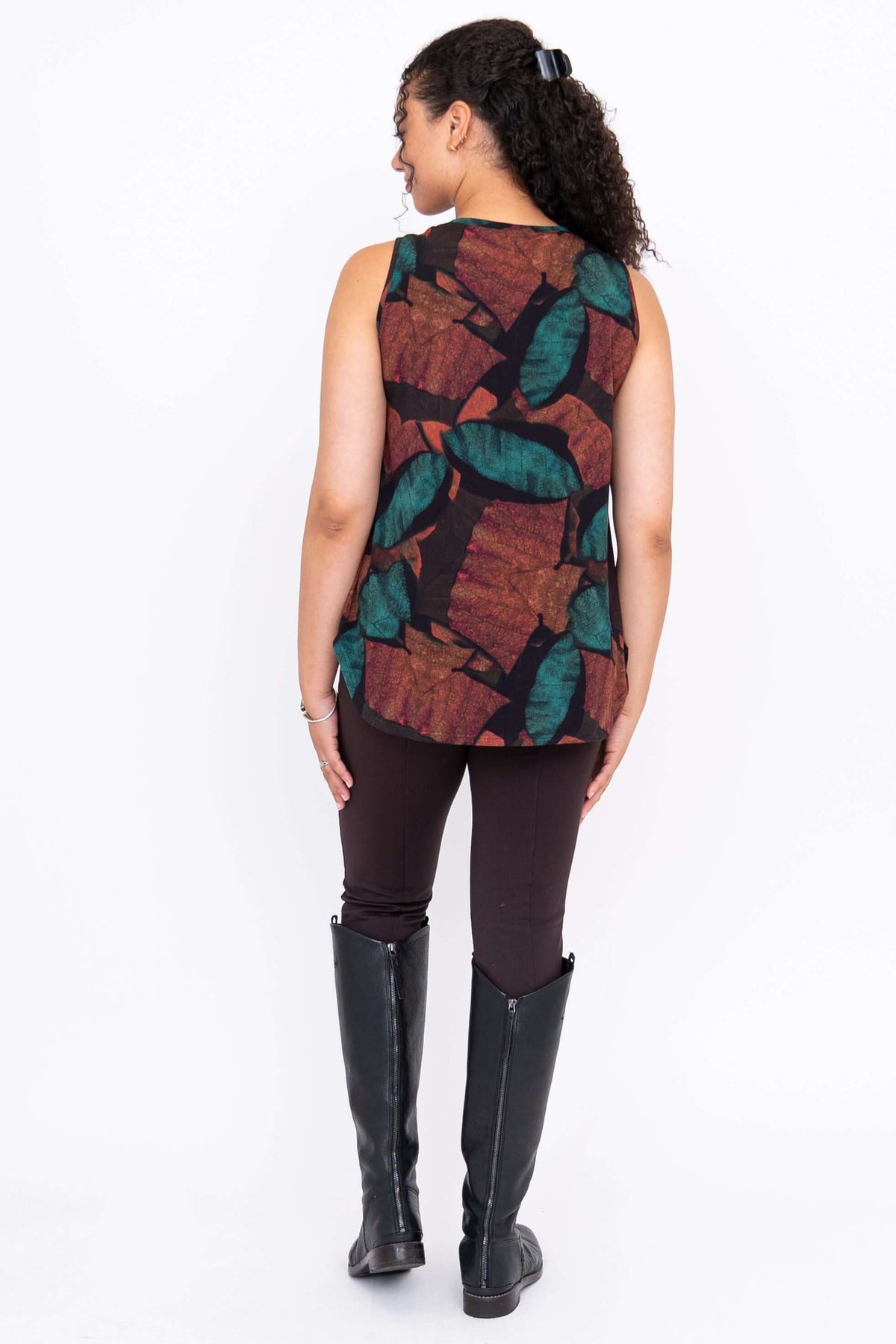 Back view of Jazz tank top with colorful autumn leaf design