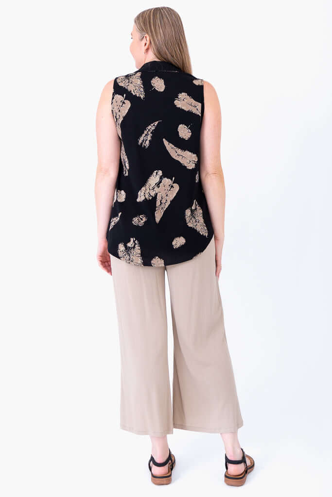 Back view of second model in black Hula linen bamboo zip tank top