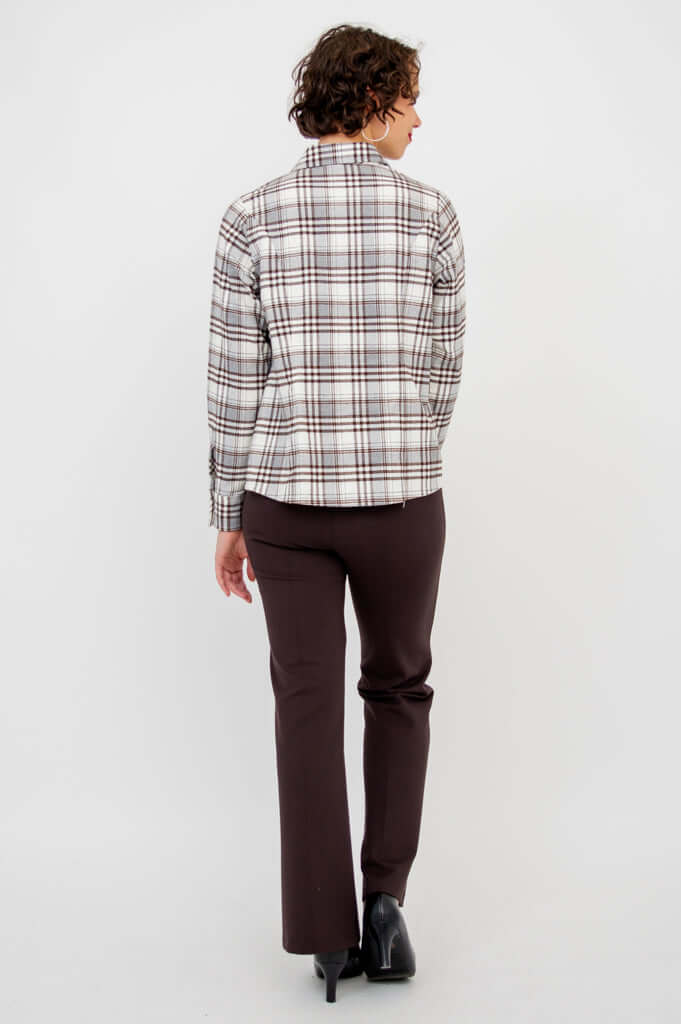 Back view of Alexis Top in brown plaid on model