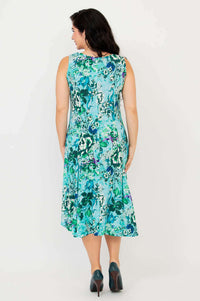 Back view showing the flared skirt and fit of the aqua floral A-line dress