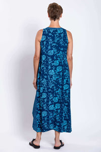 Back view of woman wearing blue floral Ari summer tank dress