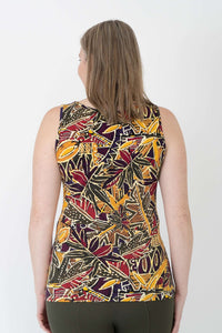 Back view of a woman wearing a marigold batik print bamboo cotton tank top