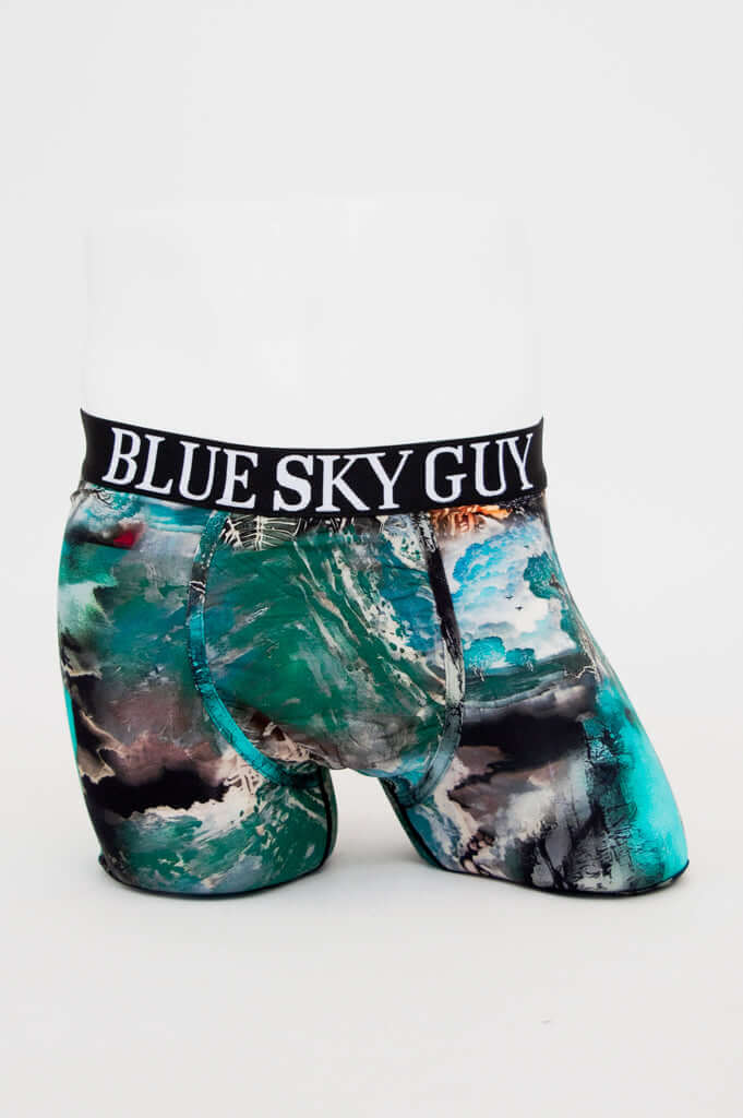 Back view of Blue Sky Guy bamboo boxer briefs with teal abstract print