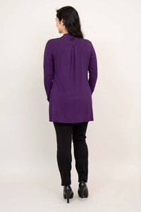 Back view of a woman wearing the violet open-front Chopra bamboo jacket