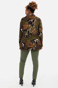 Back view of model wearing Cindy safari print smocked tunic