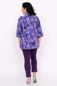 Back view of Cindy tunic in dragonfly violet, showcasing print and 3/4 sleeves