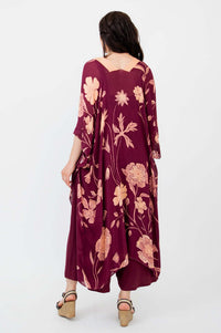 Back view of woman wearing the Darcy burgundy floral kimono wrap