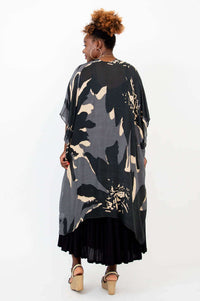 Back view of Darcy kimono wrap highlighting bold abstract floral pattern