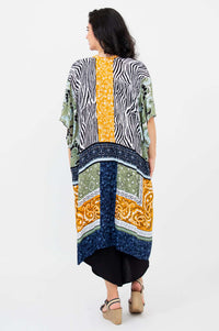 Back view highlighting the Darcy kimono wrap's bold multicolor print