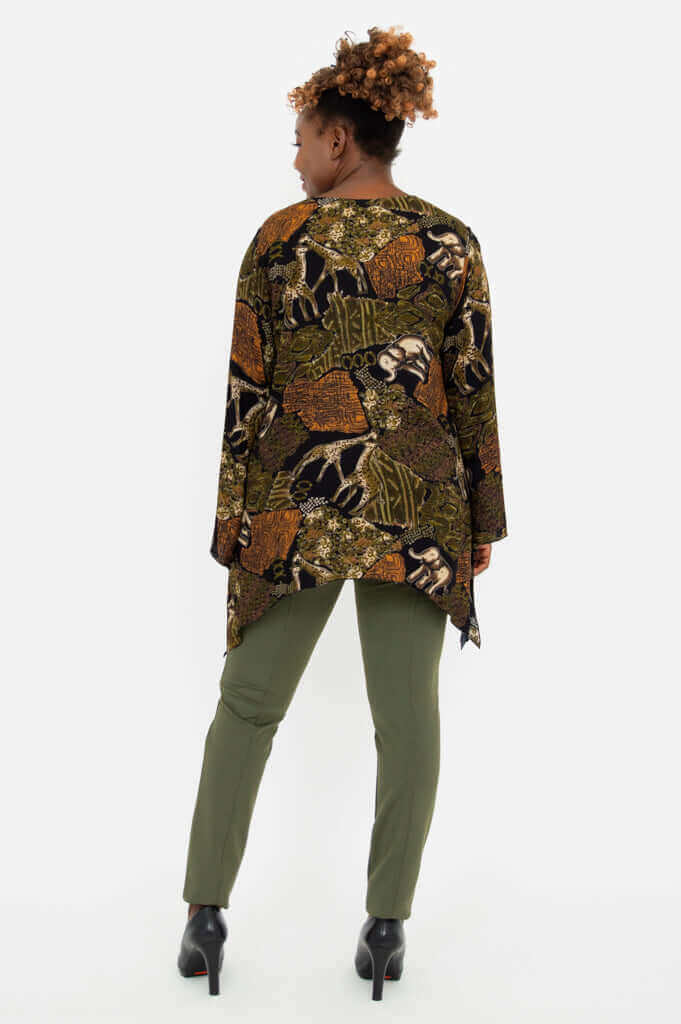 Back view of Dorothy safari print top, showing flowy hemline