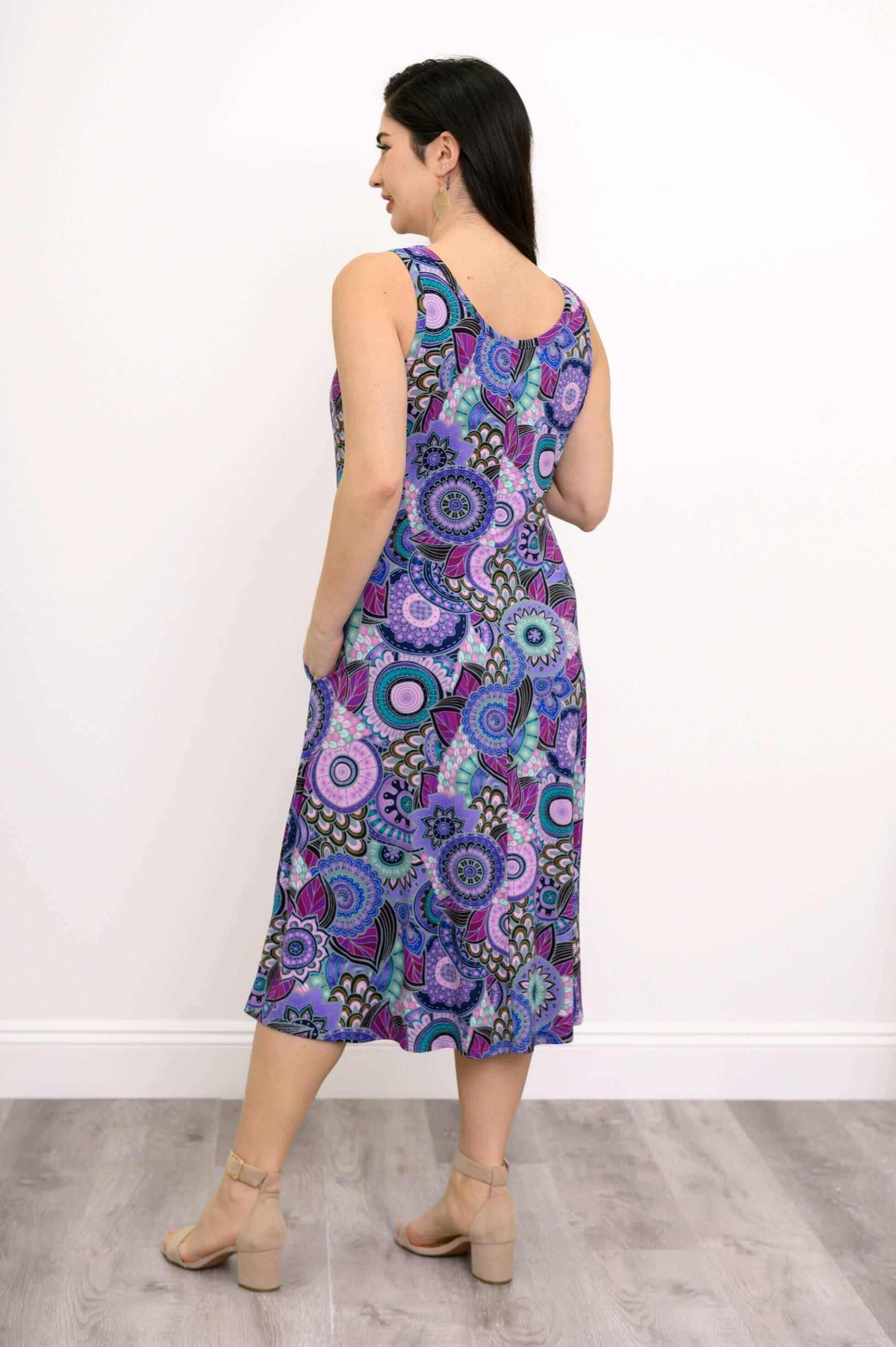 Back view of Evangelina tank dress showing full Mandala Garden print