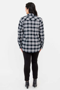 Back view of Georgia black and white plaid shirt on model