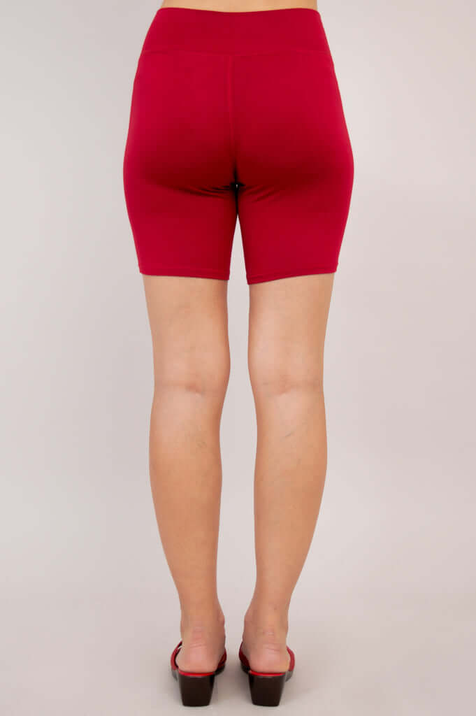 Back view of Hallie Bamboo Shorts in ruby on model
