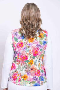 Back view of woman wearing the Hartford Pink Print Vest, showcasing floral print