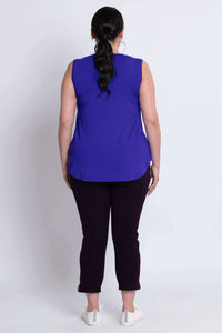 Back view of model in Jackie bamboo sleeveless top showing length and fit
