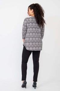 Back view of Jazz Bamboo Top in black damask print, showing full pattern and length