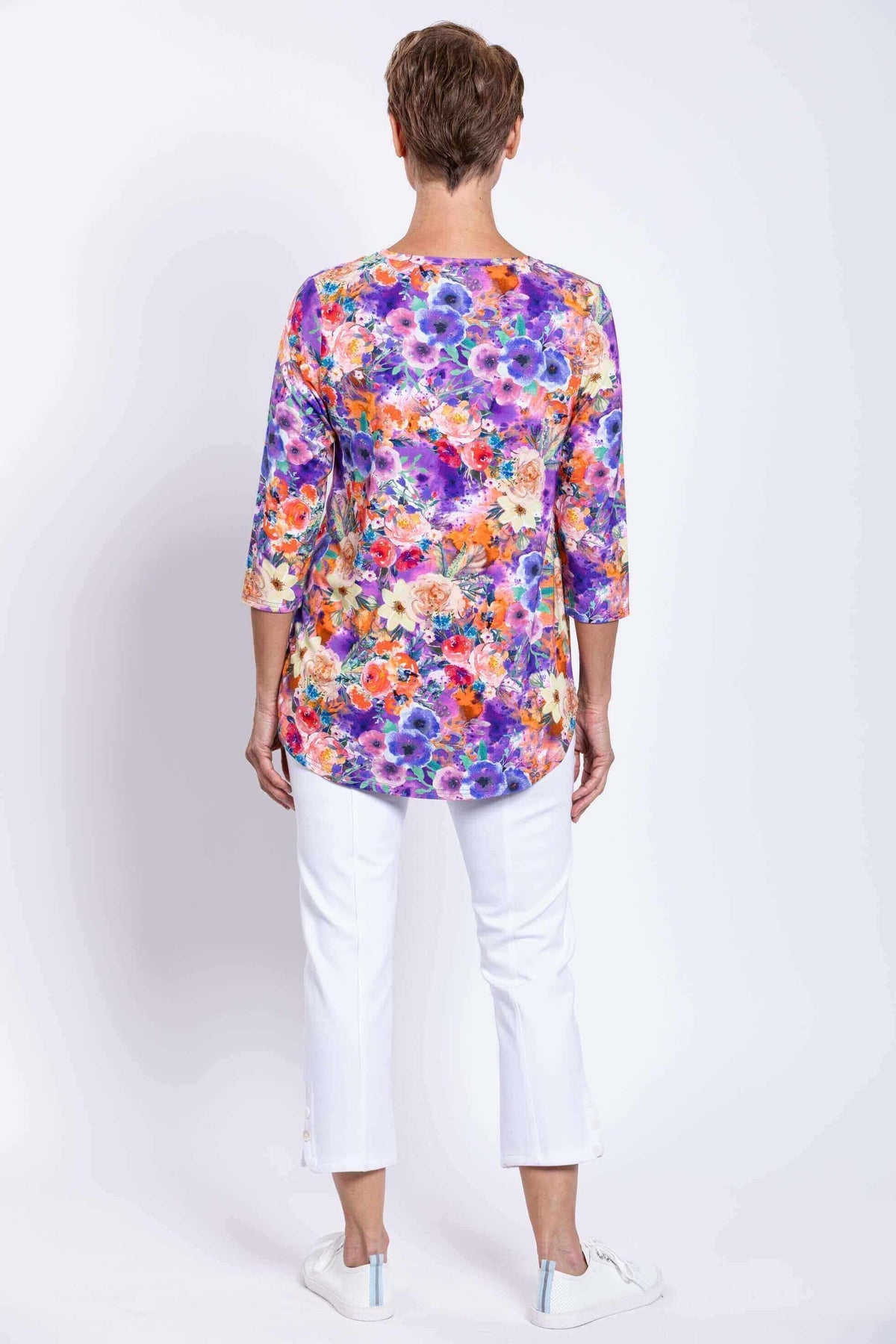 Back view of the model showcasing the floral Jazz bamboo top
