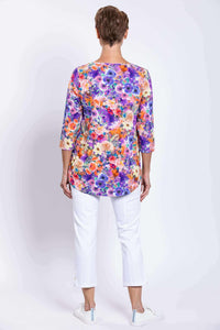 Back view of the model showcasing the floral Jazz bamboo top