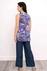 Back view of woman in purple floral Jazz bamboo tank top