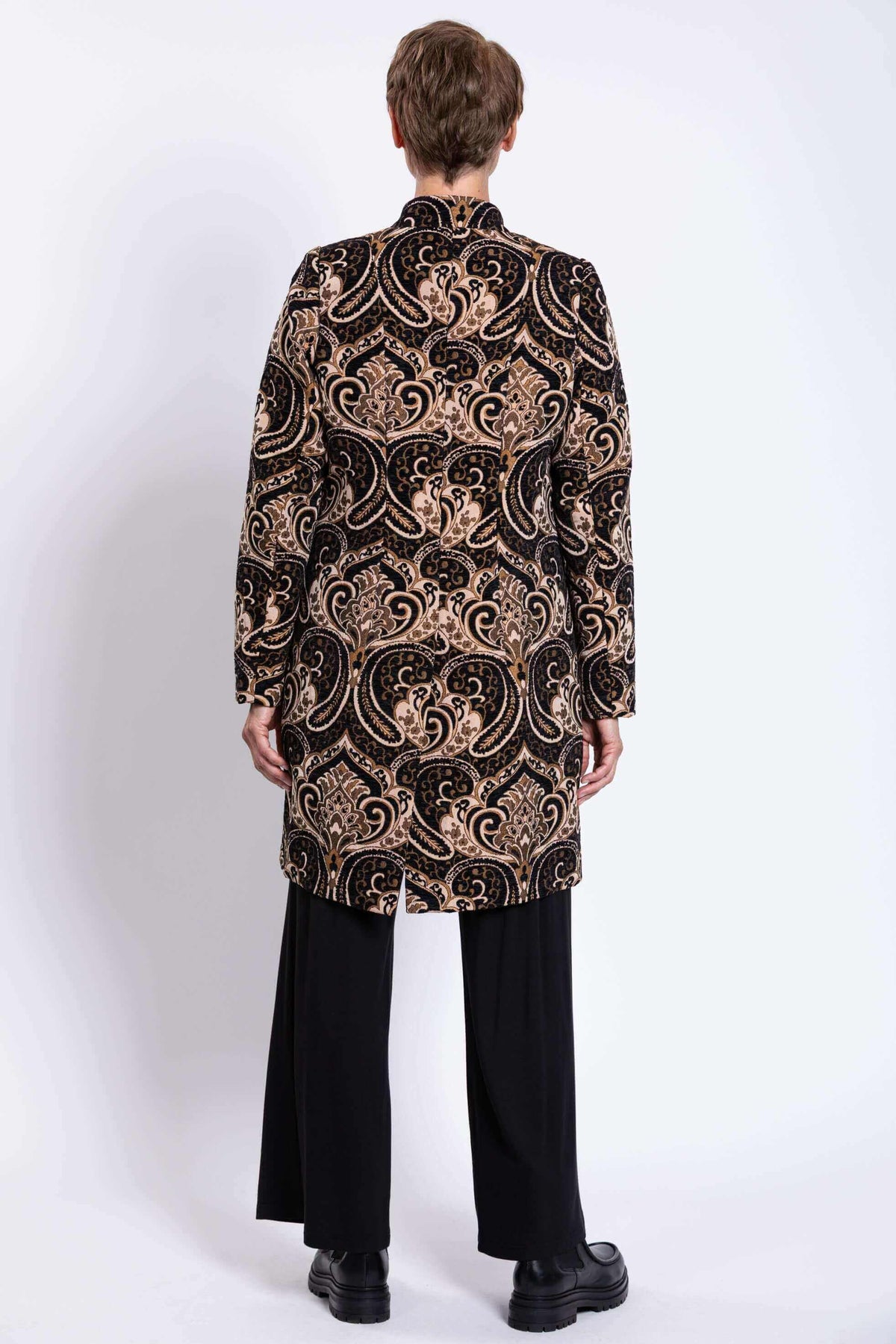 Back view of Julia Coat highlighting patterned fabric and tailored fit