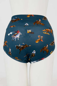 Back view of women's brief featuring allover rodeo horses and cowboy boots print