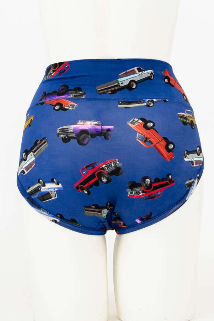 Back view of La Gaunche classic brief with colorful truck pattern