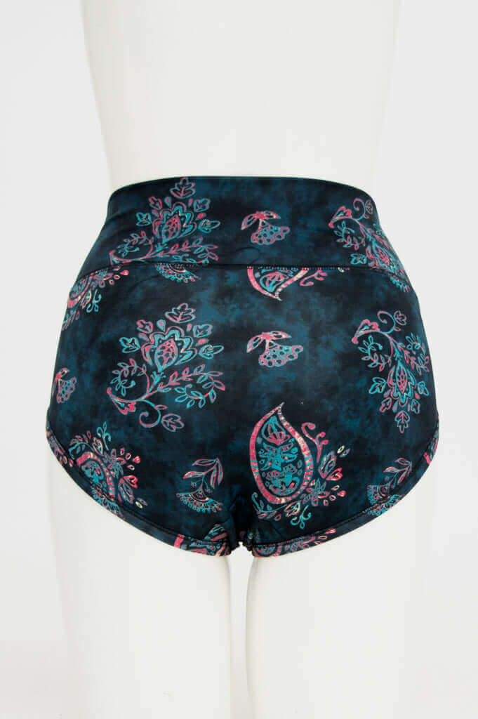 Back view of La Gaunche high-waisted bamboo brief showing full coverage and paisley design