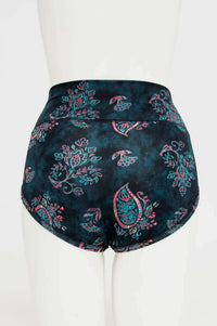 Back view of La Gaunche high-waisted bamboo brief showing full coverage and paisley design