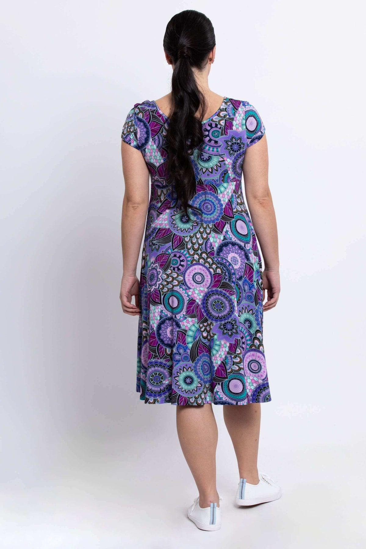 Back view of model displaying Lavon violet medallion bamboo dress