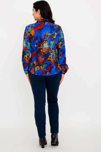 Back view of the Linzy bamboo and linen blouse showing vibrant print and fit
