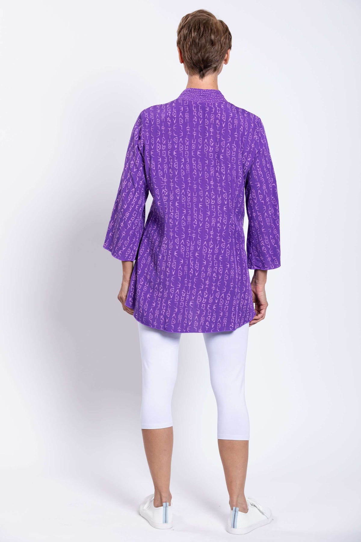 Back view of Mar Violet Print Blouse showing 3/4 bell sleeves and relaxed fit