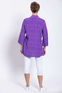 Back view of Mar Violet Print Blouse showing 3/4 bell sleeves and relaxed fit