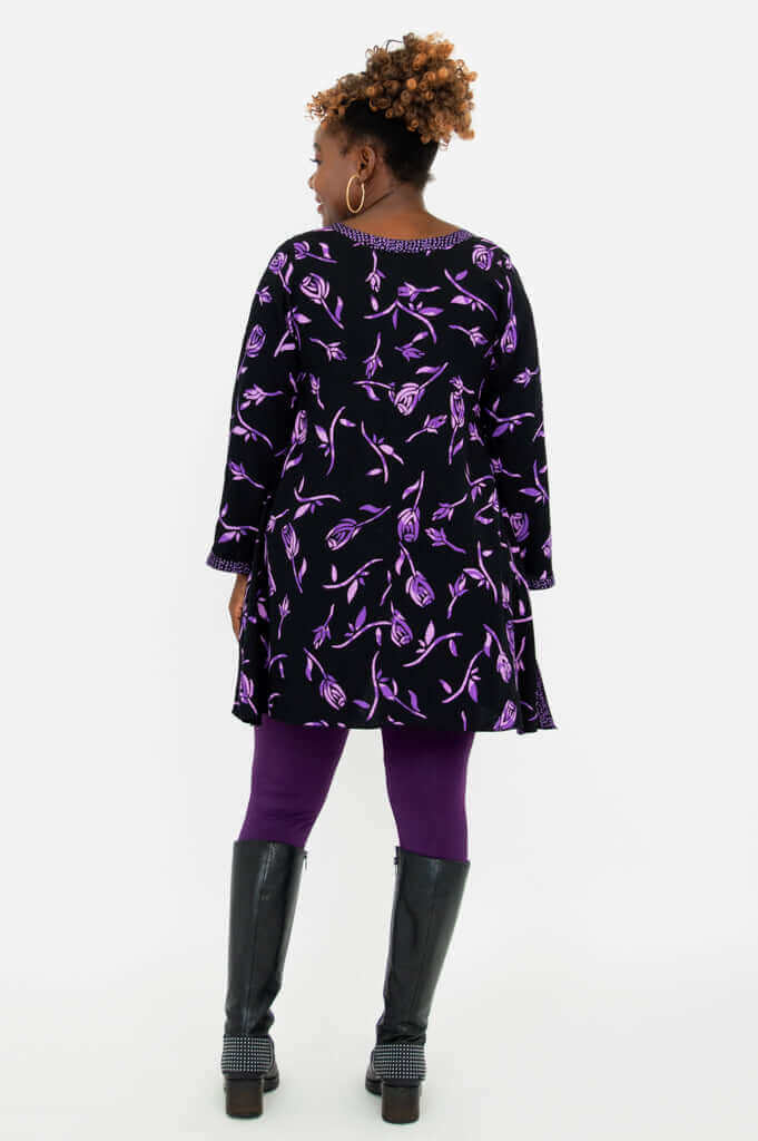 Back view of Maria Tunic with all-over purple floral pattern