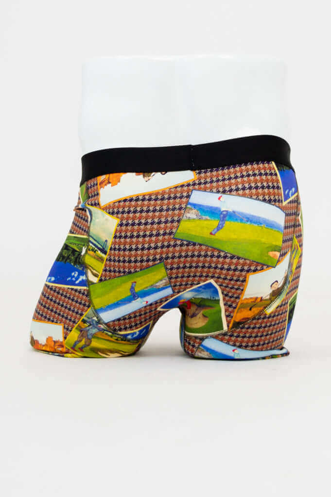 Back view of Middle Man Underwear featuring all-over golf postcard pattern
