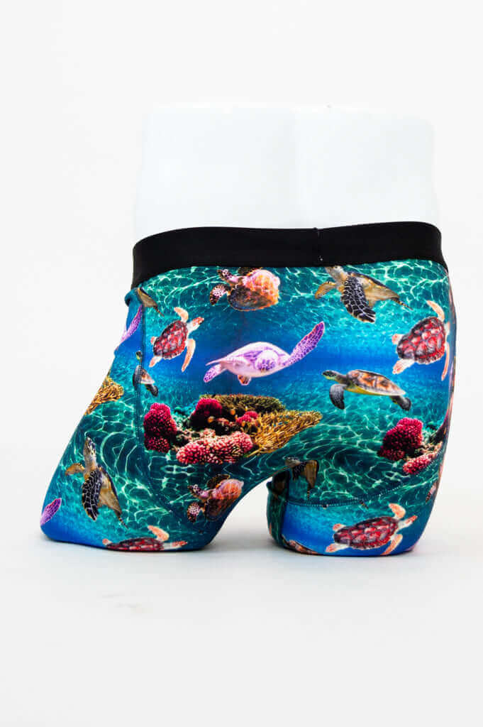 Back view of Middle Man Bamboo Underwear showing full sea turtle and coral print