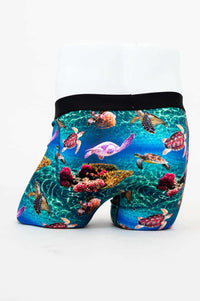 Back view of Middle Man Bamboo Underwear showing full sea turtle and coral print