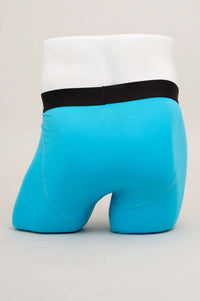 Back view of bright blue bamboo boxer briefs showing seamless fit