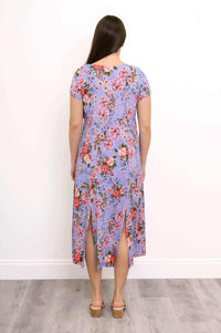 Rear view of Morgan floral midi dress showing back slits and flowing fabric