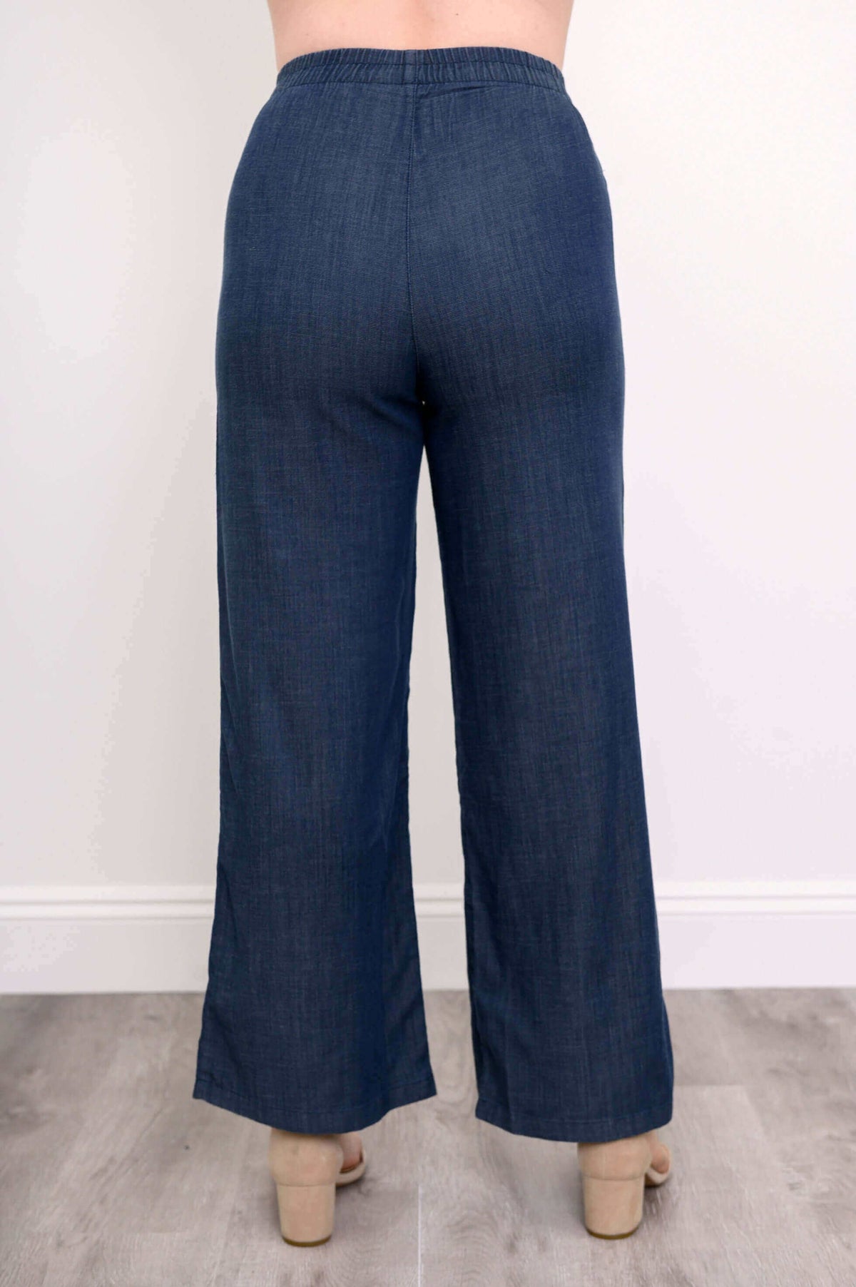 Back view of Parker wide leg tencel pants showing the wide elastic waistband